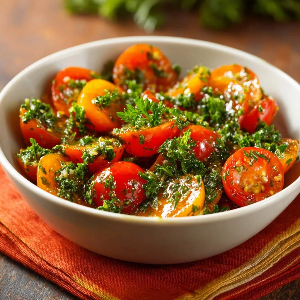 Bursting tomato & herb salad shown in a close-up view of a white bowl filled with halved cherry tomatoes and fresh herbs.
