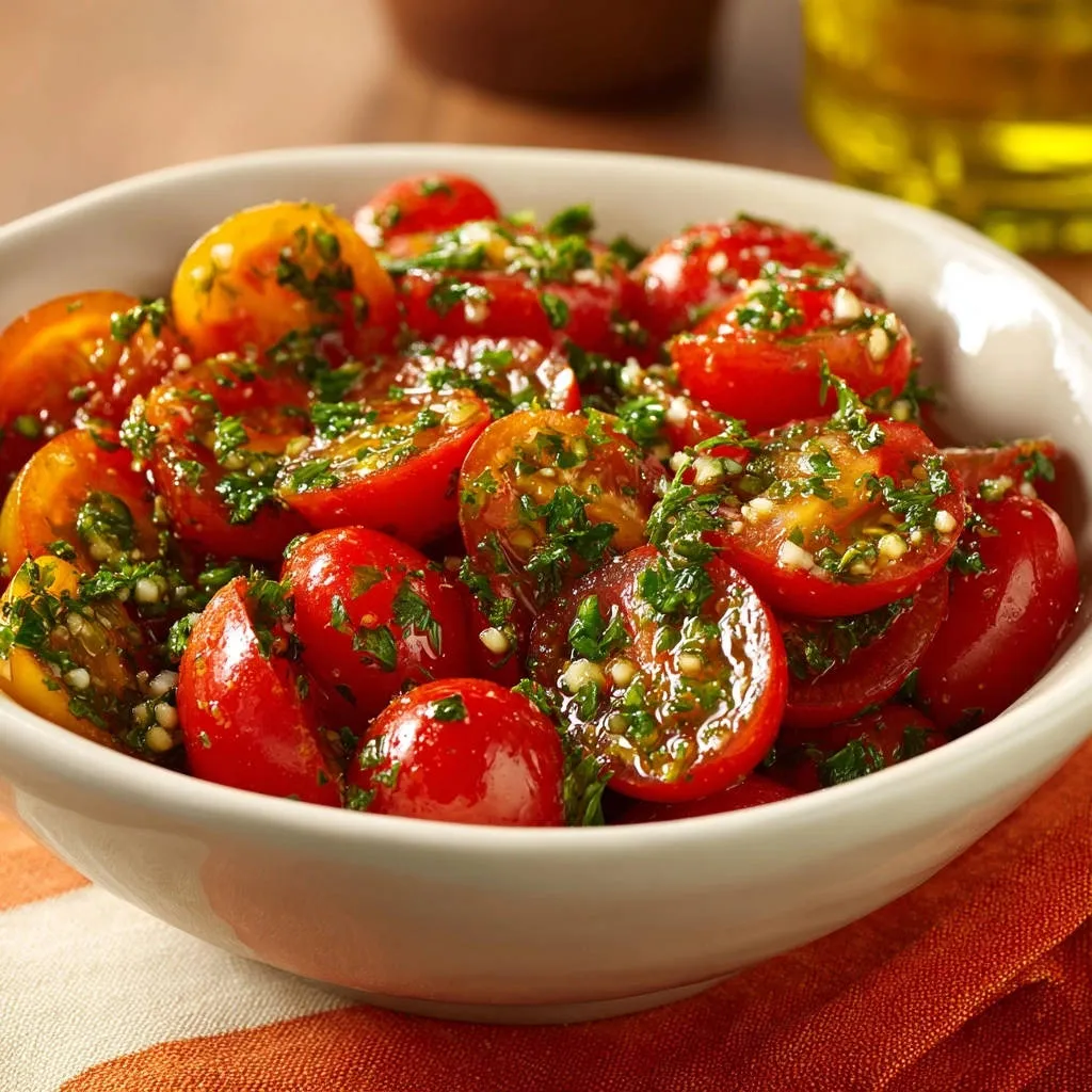 Bursting tomato & herb salad served in a white bowl with a close-up view of the fresh ingredients.