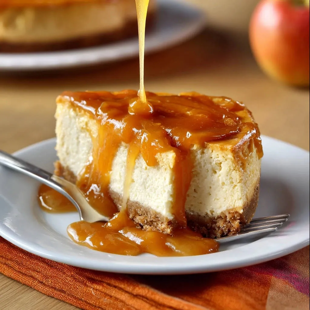 Classic caramel cheesecake, a slice generously drizzled with warm, glossy caramel sauce, resting on a white plate.