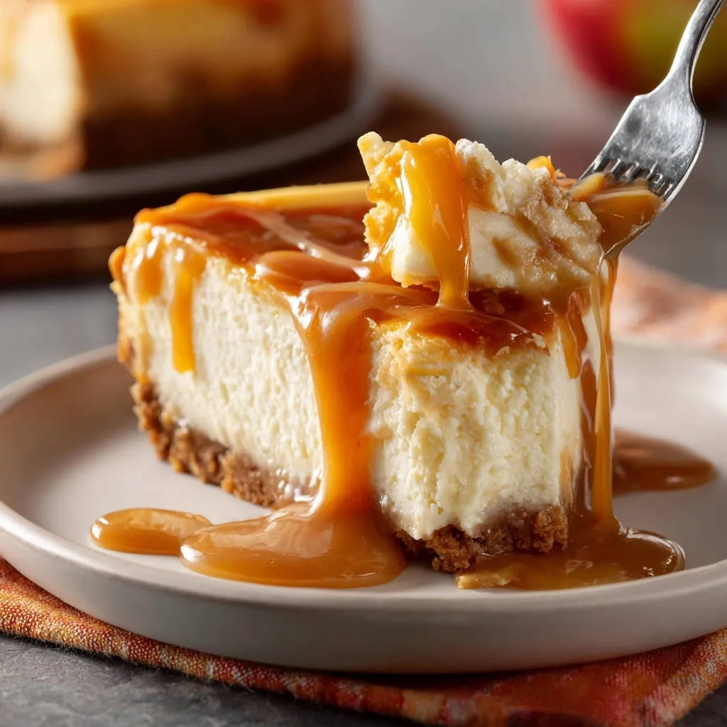 Classic Caramel Cheesecake with a fork lifting a bite, showing smooth texture and caramel drizzle.