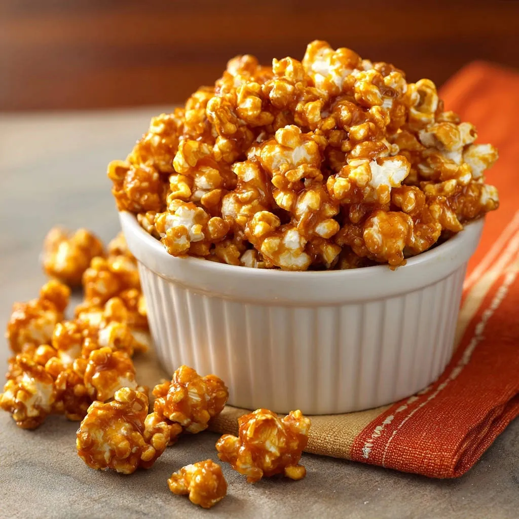 Classic caramel popcorn piled high in a white bowl with pieces spilled onto the table.