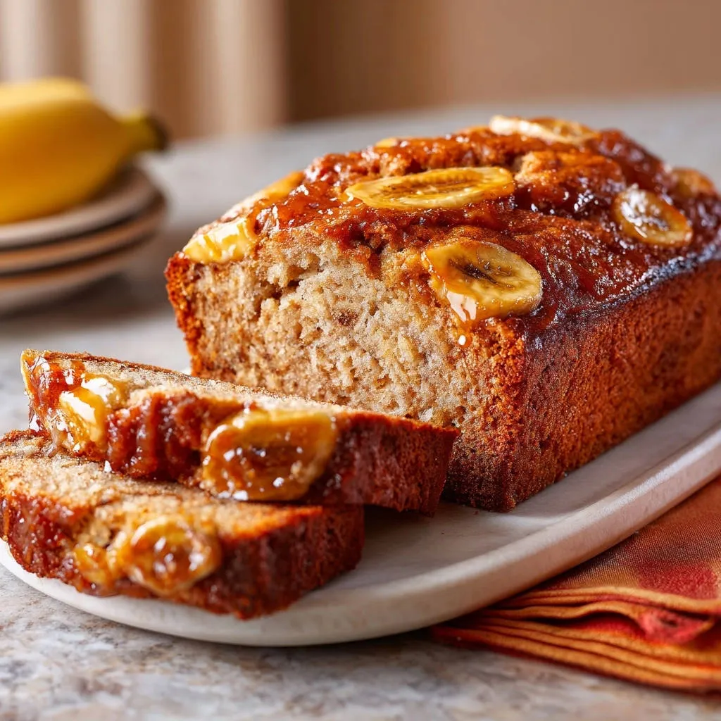 Caramelized banana bread with a glossy glaze and banana slices, showcasing its moist texture.