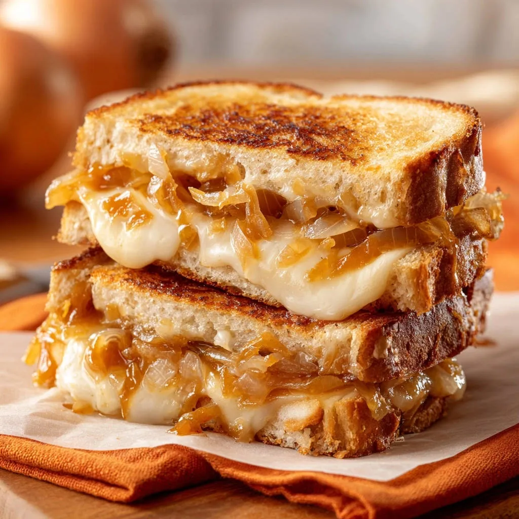 Caramelized onion grilled cheese shown as a stacked cross-section revealing gooey melted cheese and sautéed onions.
