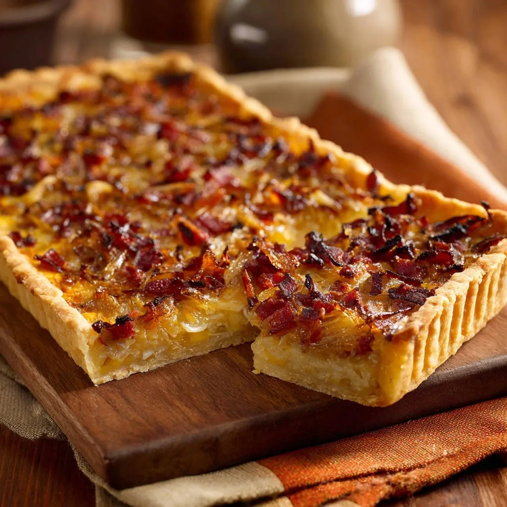 Caramelized onion tart showing a cross-section slice with flaky pastry and rich filling.