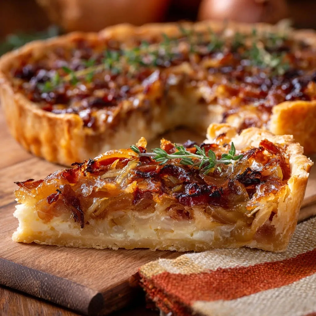 Caramelized onion tart slice cross-section showing layers of creamy filling and sweet onions on a wooden board.