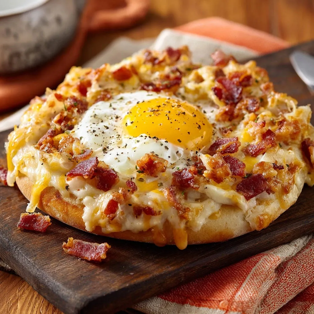 Cheesy bacon egg flatbread with a sunny-side-up egg and crispy bacon topping, a close-up view.