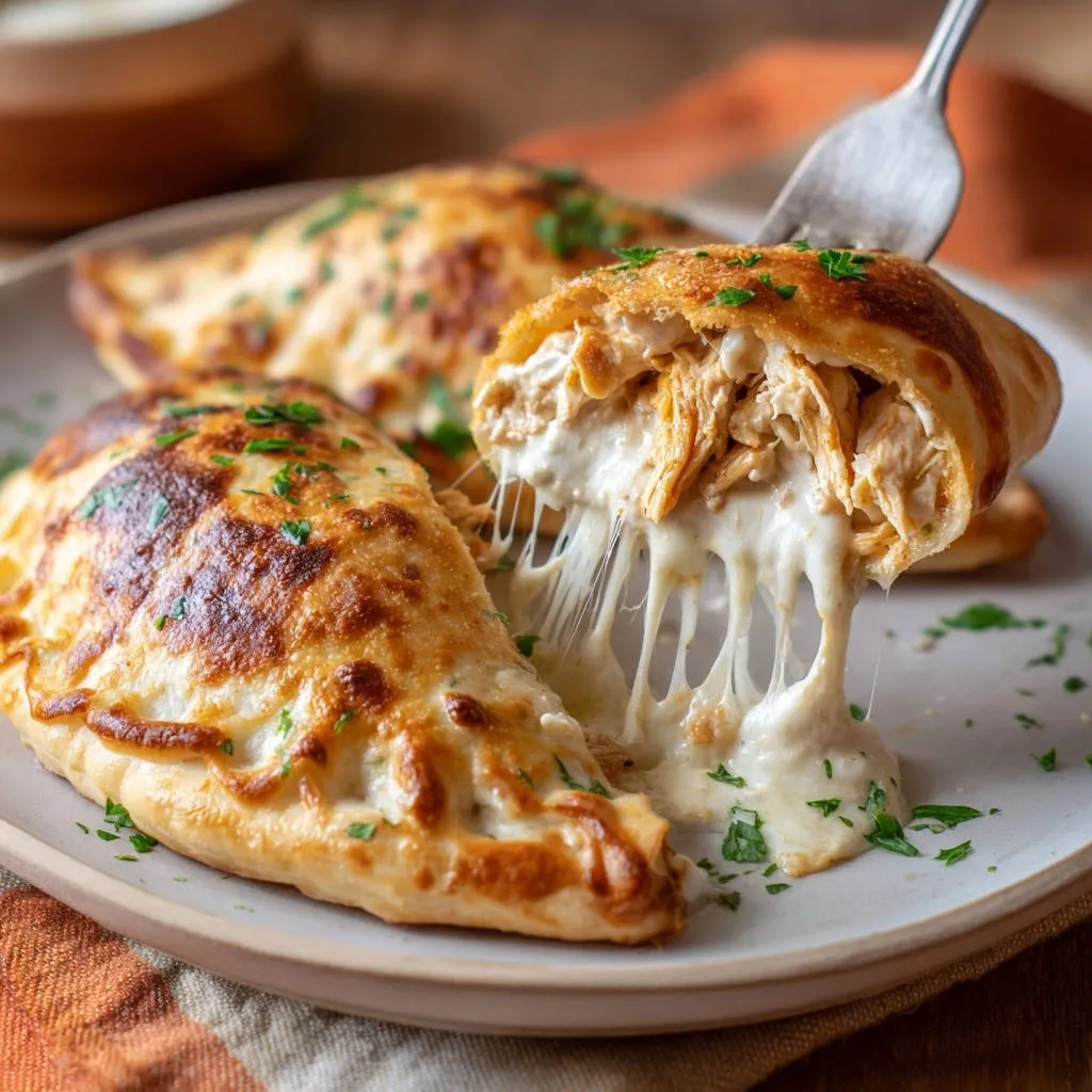 Cheesy chicken hand pies with a fork pulling apart to reveal epic cheese pulls and shredded chicken filling.