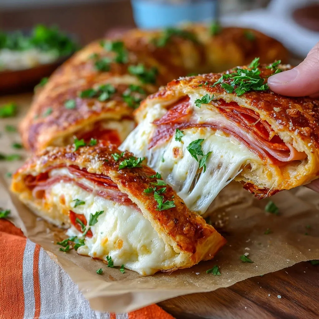 Cheesy pepperoni stromboli with a gooey cheese pull, showcasing its layered interior and golden crust.