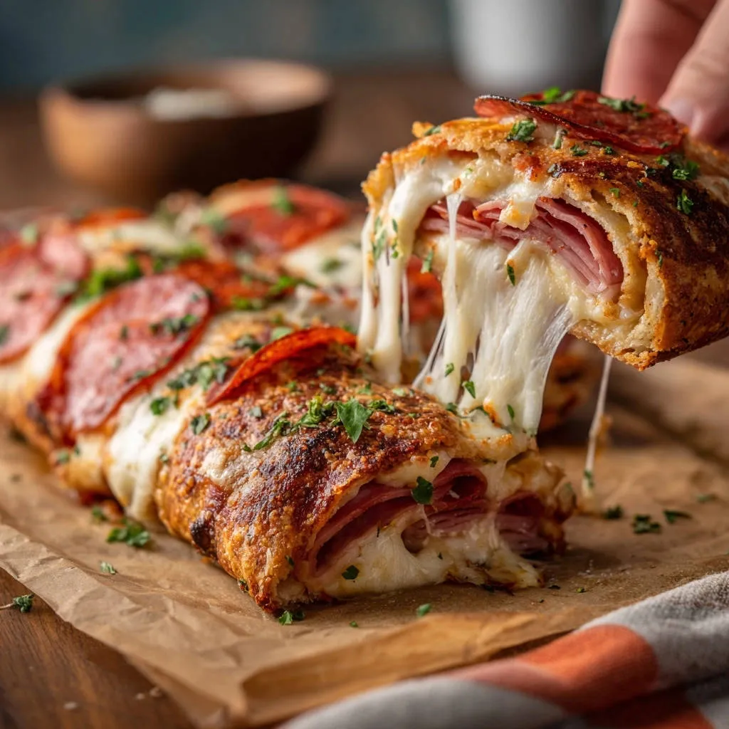 Cheesy pepperoni stromboli cross-section showing layers of ham, pepperoni, and melted mozzarella cheese with a dramatic cheese pull.