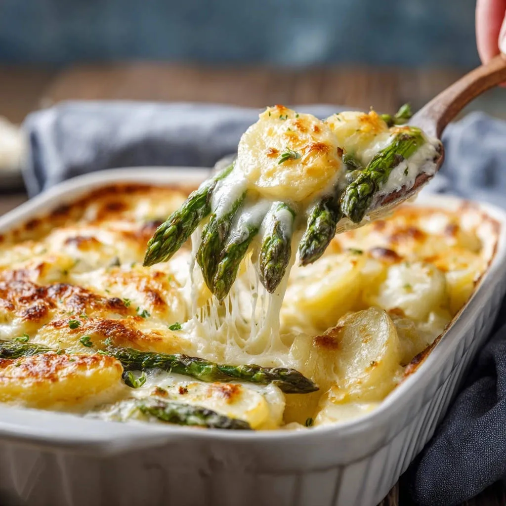 Cheesy potato and asparagus gratin, a spoonful showing a generous cheese pull with tender asparagus spears.