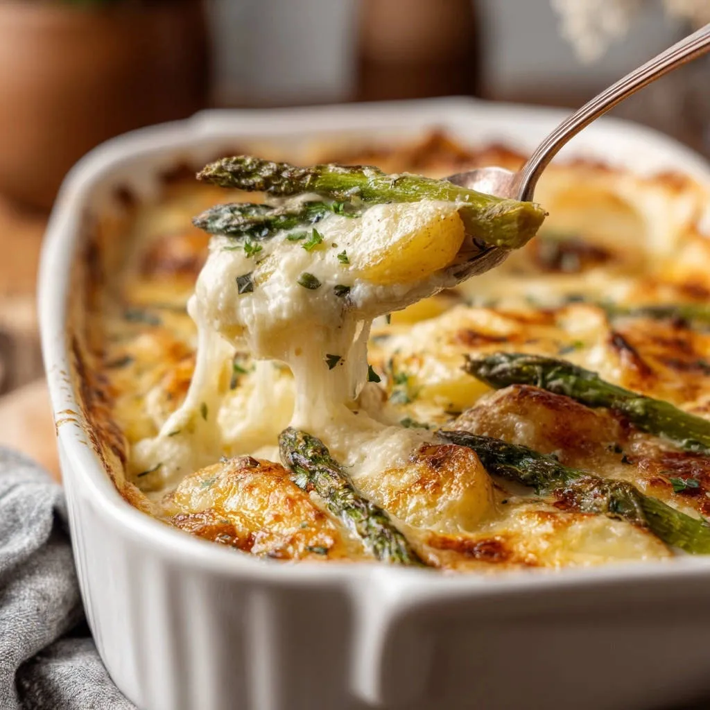 Cheesy potato and asparagus gratin with a spoonful lifting to reveal melting cheese and tender asparagus spears.