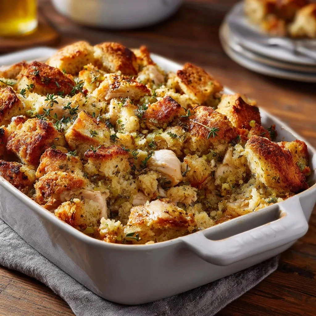 Classic chicken and herb dressing shown in a white baking dish with a close-up view of the moist interior and toasted bread cubes.