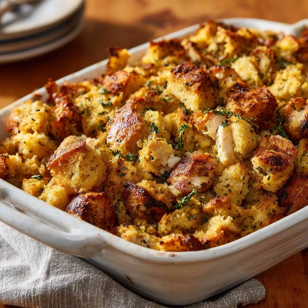 Classic Chicken and Herb Dressing shown up close in a baking dish, highlighting its golden-brown texture and herbs.