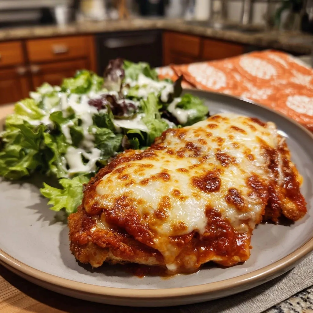Classic Chicken Parmesan plated with a side salad and drizzled with ranch dressing, showcasing melted cheese.