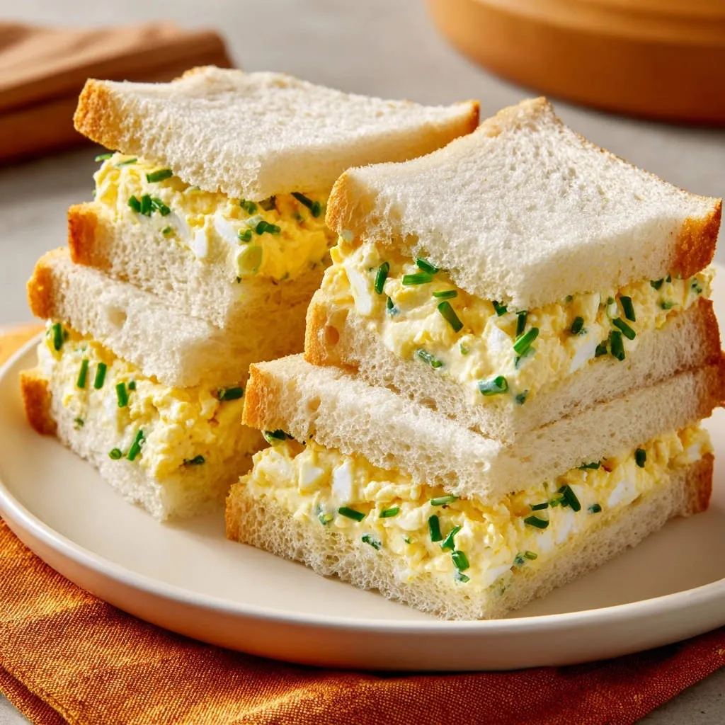 Classic chive egg salad sandwiches stacked on a plate, showing a close-up cross-section of the creamy filling.