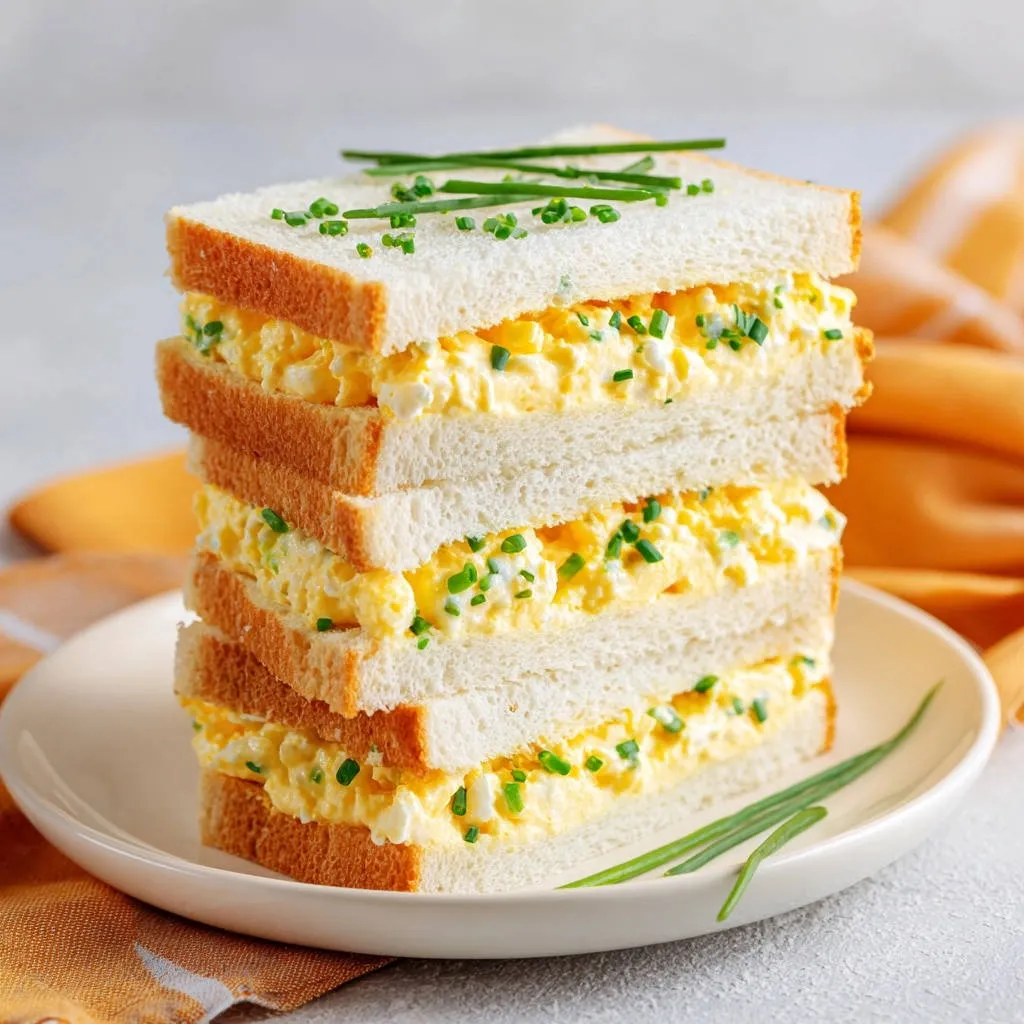 Classic chive egg salad sandwiches stacked high with a close-up view of the creamy filling and chive garnish.