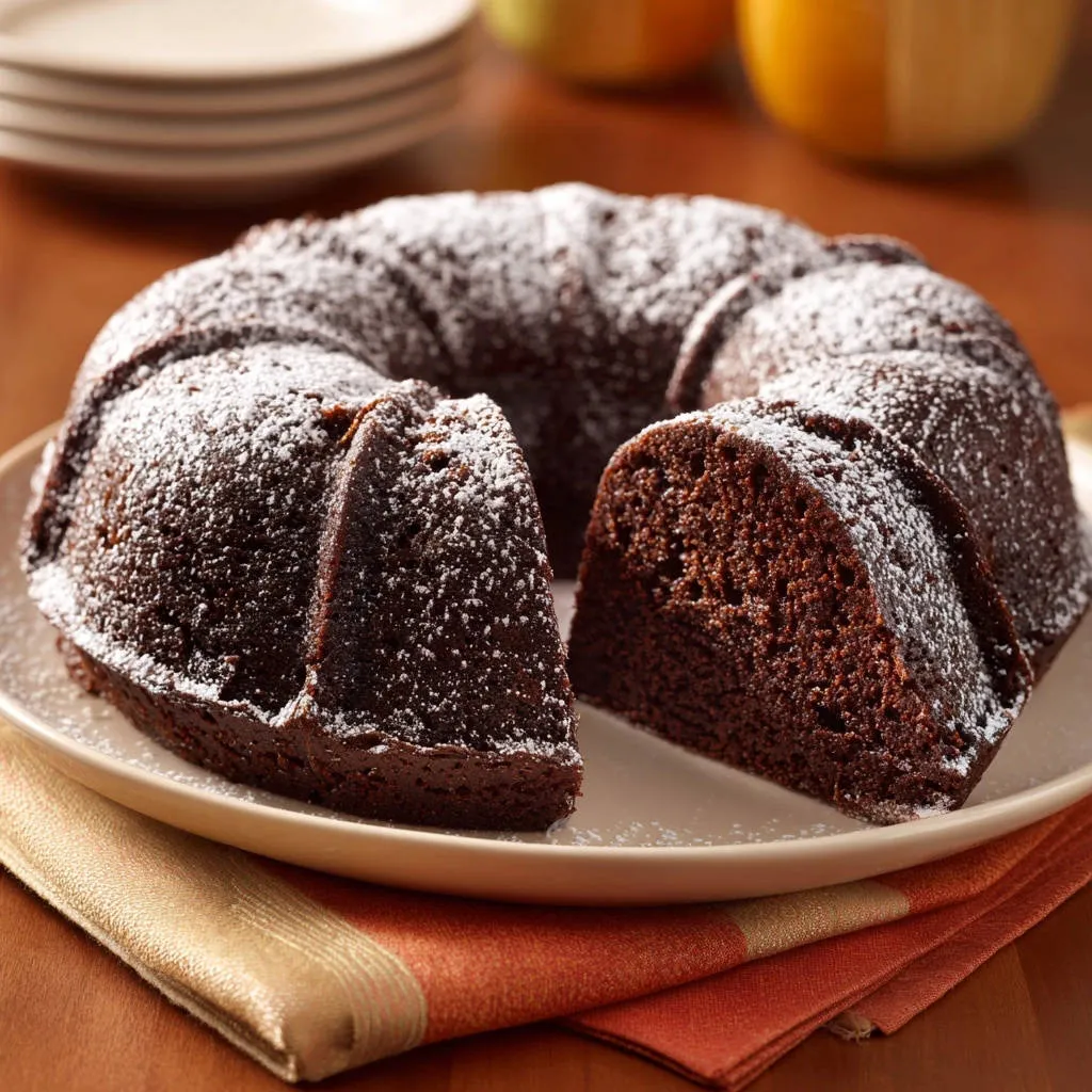 Easy Chocolate Bundt Cake sliced to reveal its rich, moist cross-section dusted with powdered sugar.