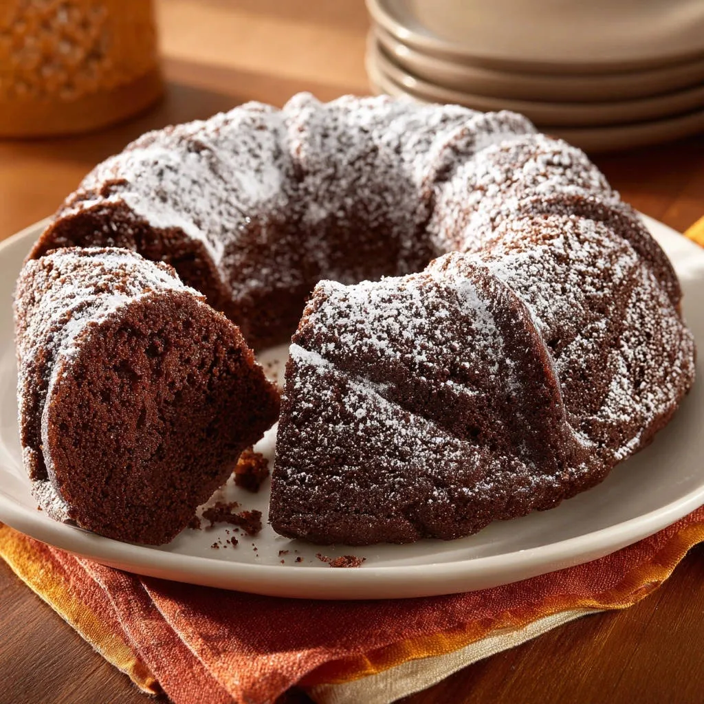 Easy Chocolate Bundt Cake sliced and dusted with powdered sugar, showing its rich interior texture.