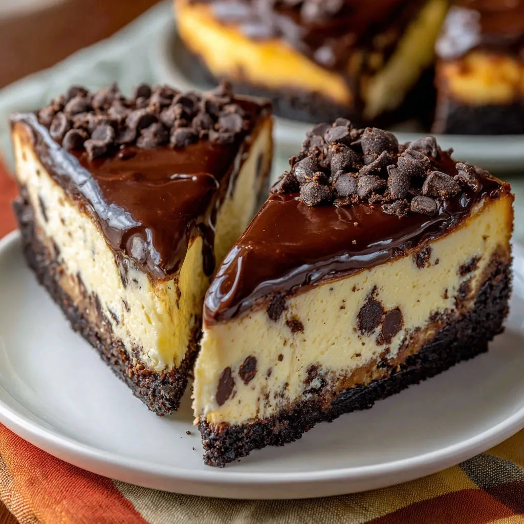 Chocolate Chunk Cheesecake, showcasing two decadent slices with a rich chocolate glaze and mini chocolate chips on a white plate.