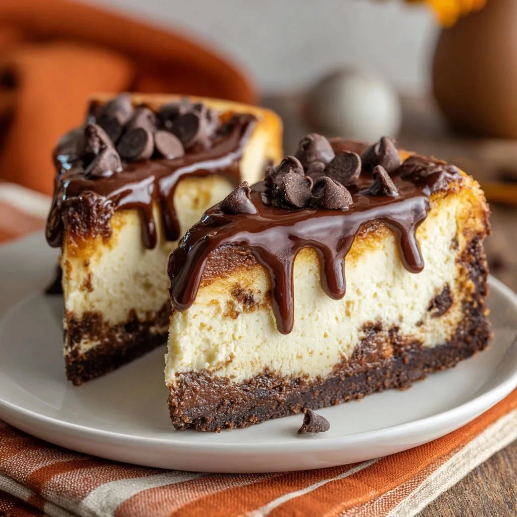 Chocolate chunk cheesecake, two decadent slices with rich chocolate ganache dripping over the top and chocolate chips.