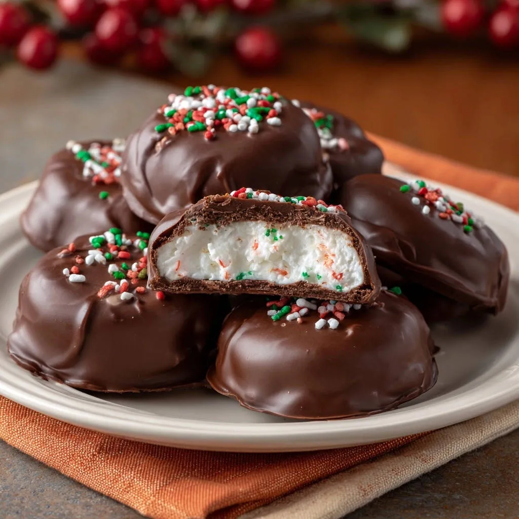 Festive chocolate coconut delights shown in a close-up cross-section revealing a fluffy white interior with festive sprinkles.