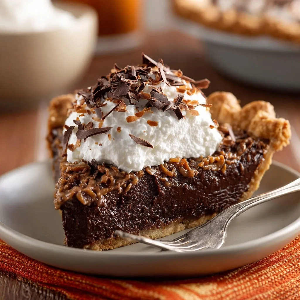 Decadent chocolate cream pie slice topped with whipped cream and chocolate shavings on a plate.