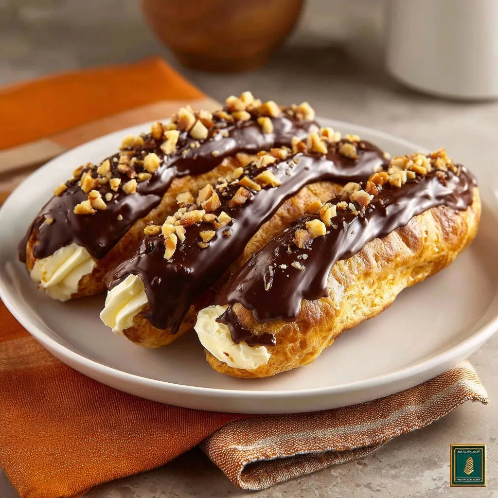 Chocolate nut eclairs plated on a white dish, showcasing their rich chocolate glaze and chopped nut topping.