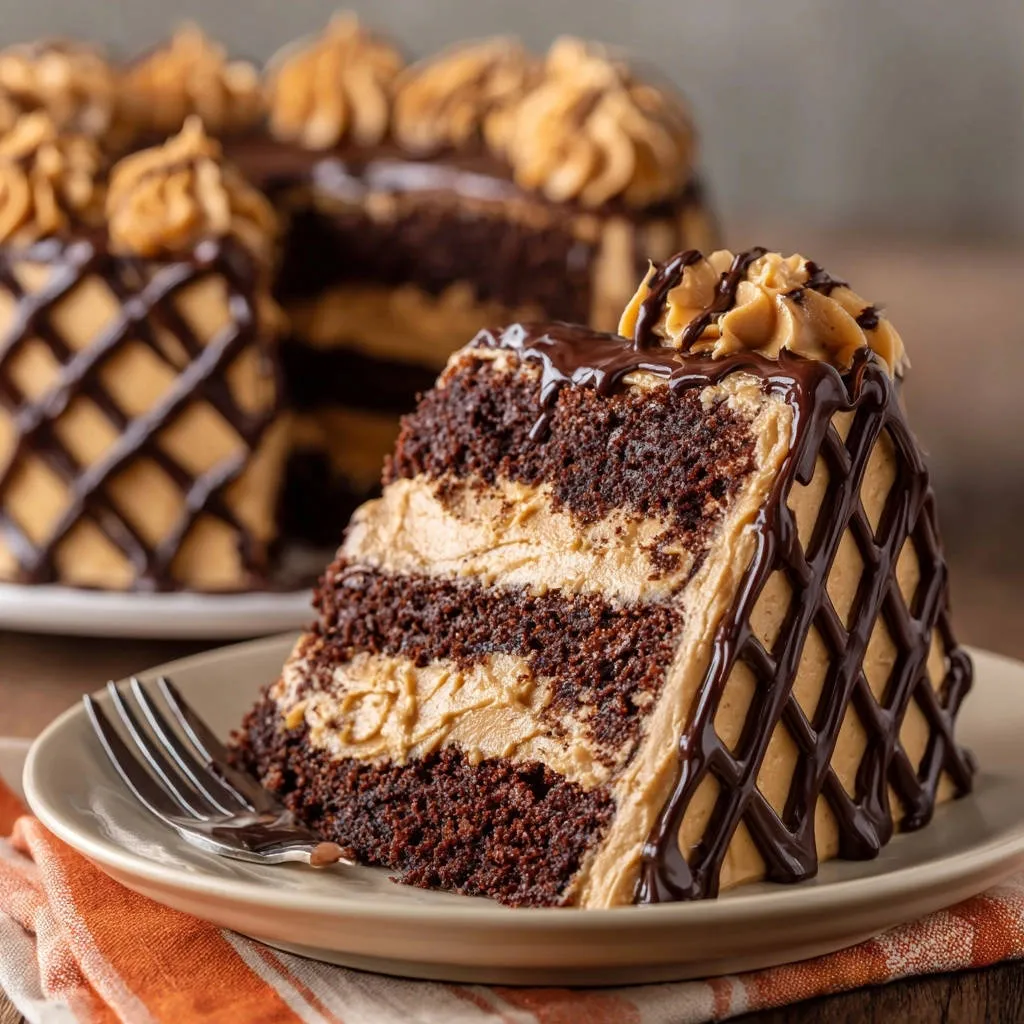 Decadent Chocolate Peanut Butter Layer Cake slice showing moist chocolate cake layers and creamy peanut butter frosting.