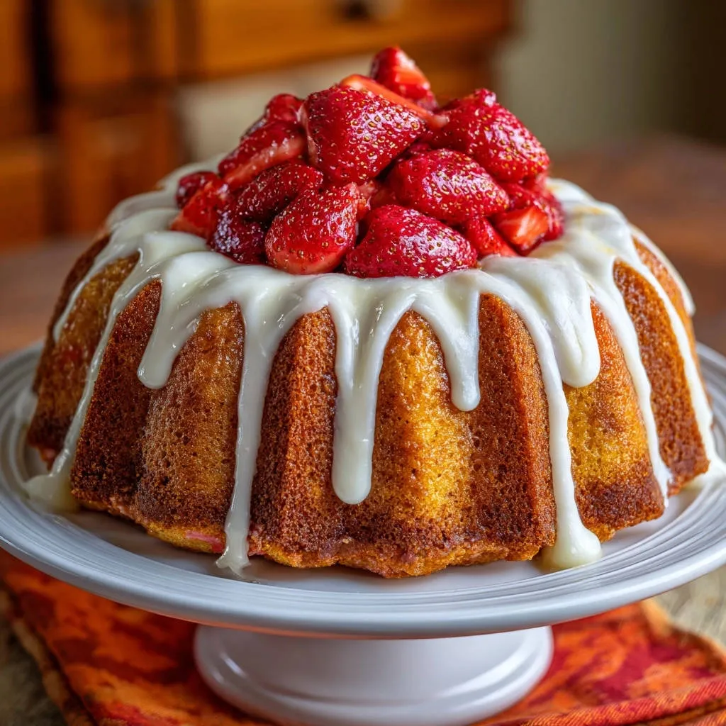 Classic bundt cake generously drizzled with white glaze and topped high with fresh strawberries.