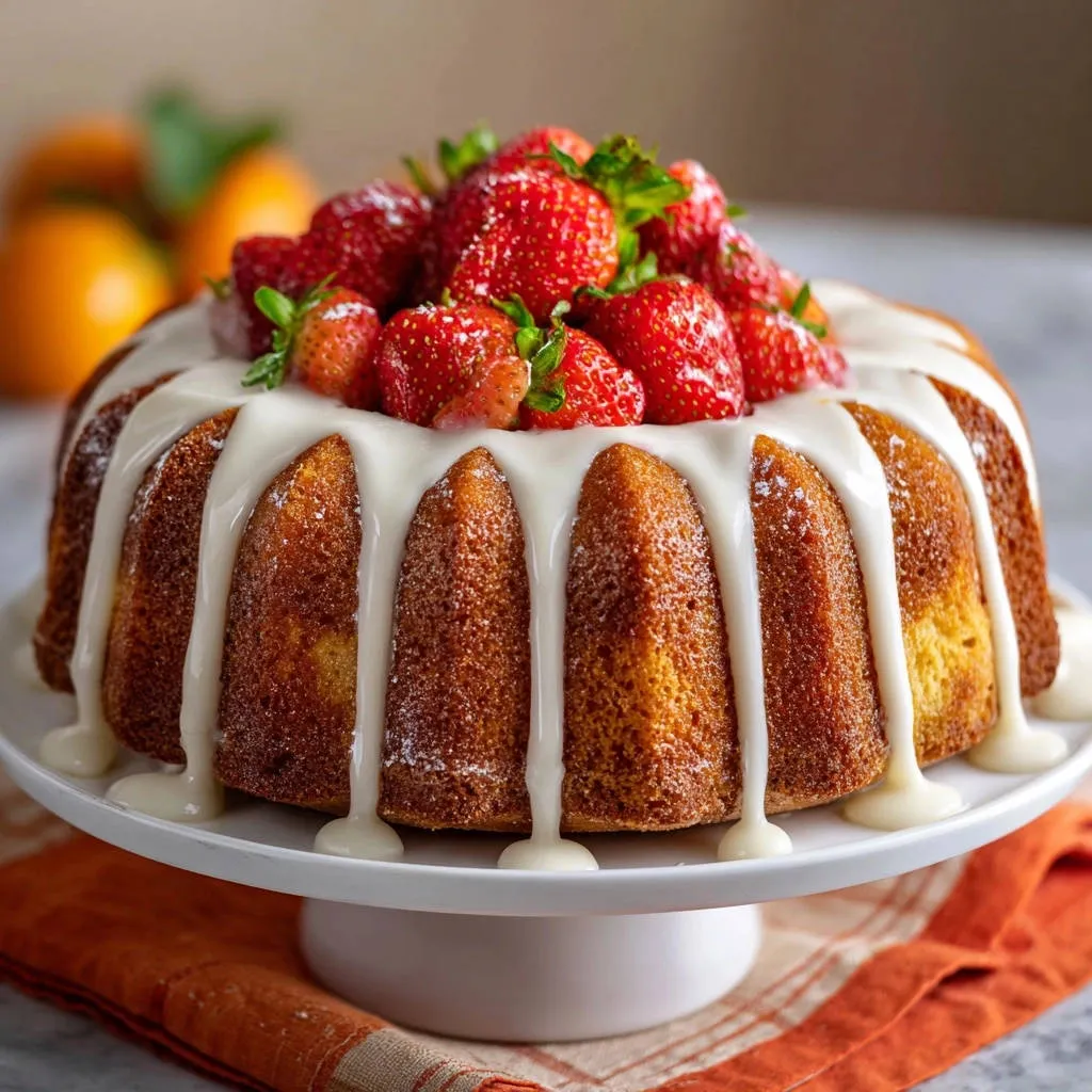 Classic Bundt Cake topped with fresh strawberries and a dripping white glaze, showcasing the intricate Bundt pan details.