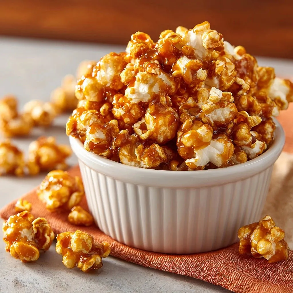 Classic caramel popcorn piled high in a white bowl, with a few pieces scattered on an orange napkin.