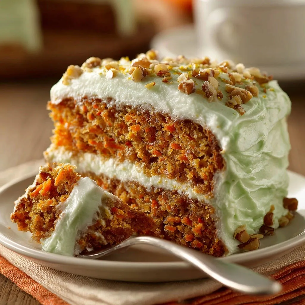 Classic carrot cake shown as a moist cross-section slice with cream cheese frosting and chopped nuts on top.