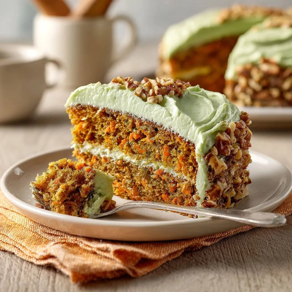 Classic carrot cake slice showing a moist crumb with cream cheese frosting and chopped nuts on a plate.