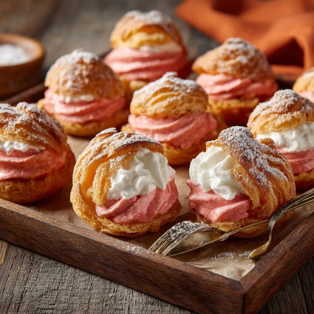 Classic cream puffs filled with pink and white cream, dusted with powdered sugar, arranged on a wooden tray.