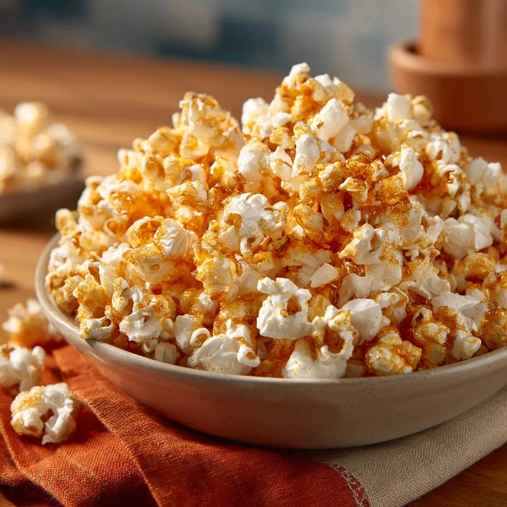Classic crunchy caramel popcorn served in a bowl, showing a close-up detail of the caramel coating on the popcorn.