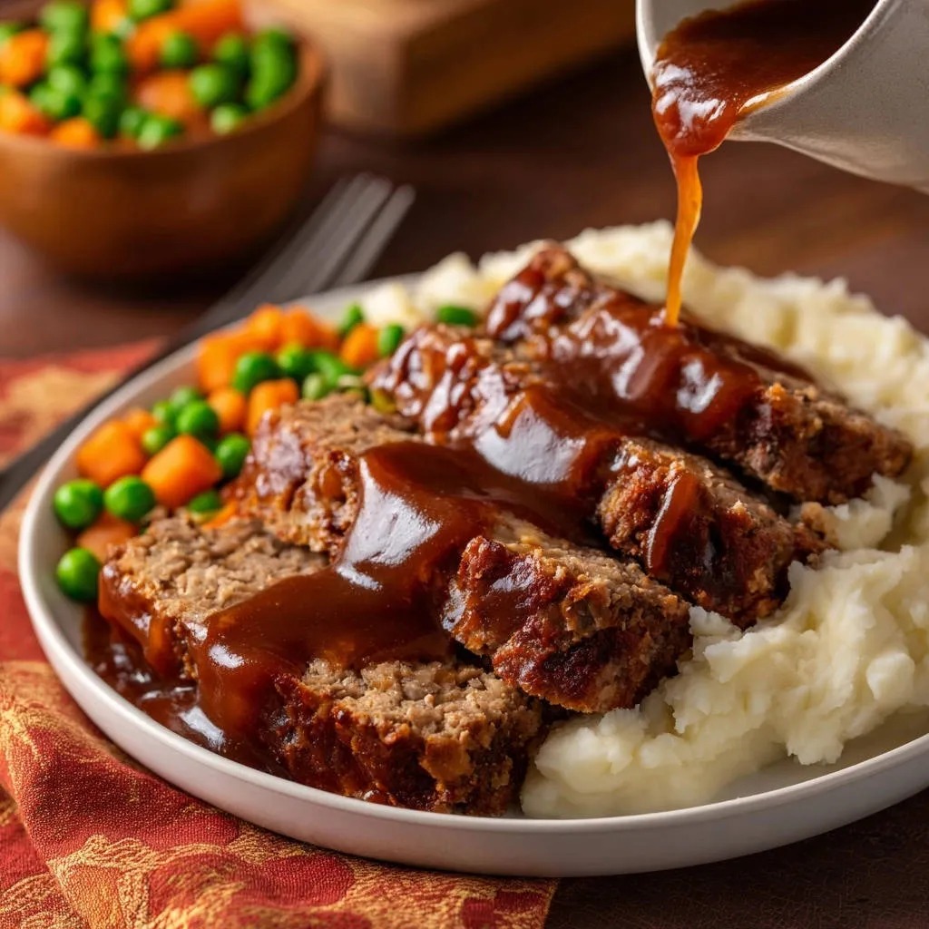 Classic meatloaf being served with mashed potatoes and gravy poured from a gravy boat.