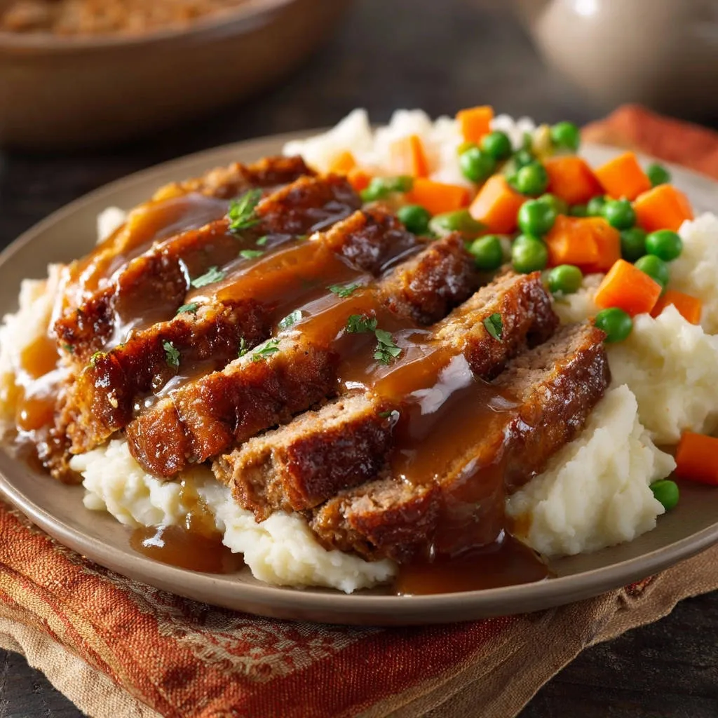 Classic meatloaf sliced and served with mashed potatoes, peas, carrots, and gravy.