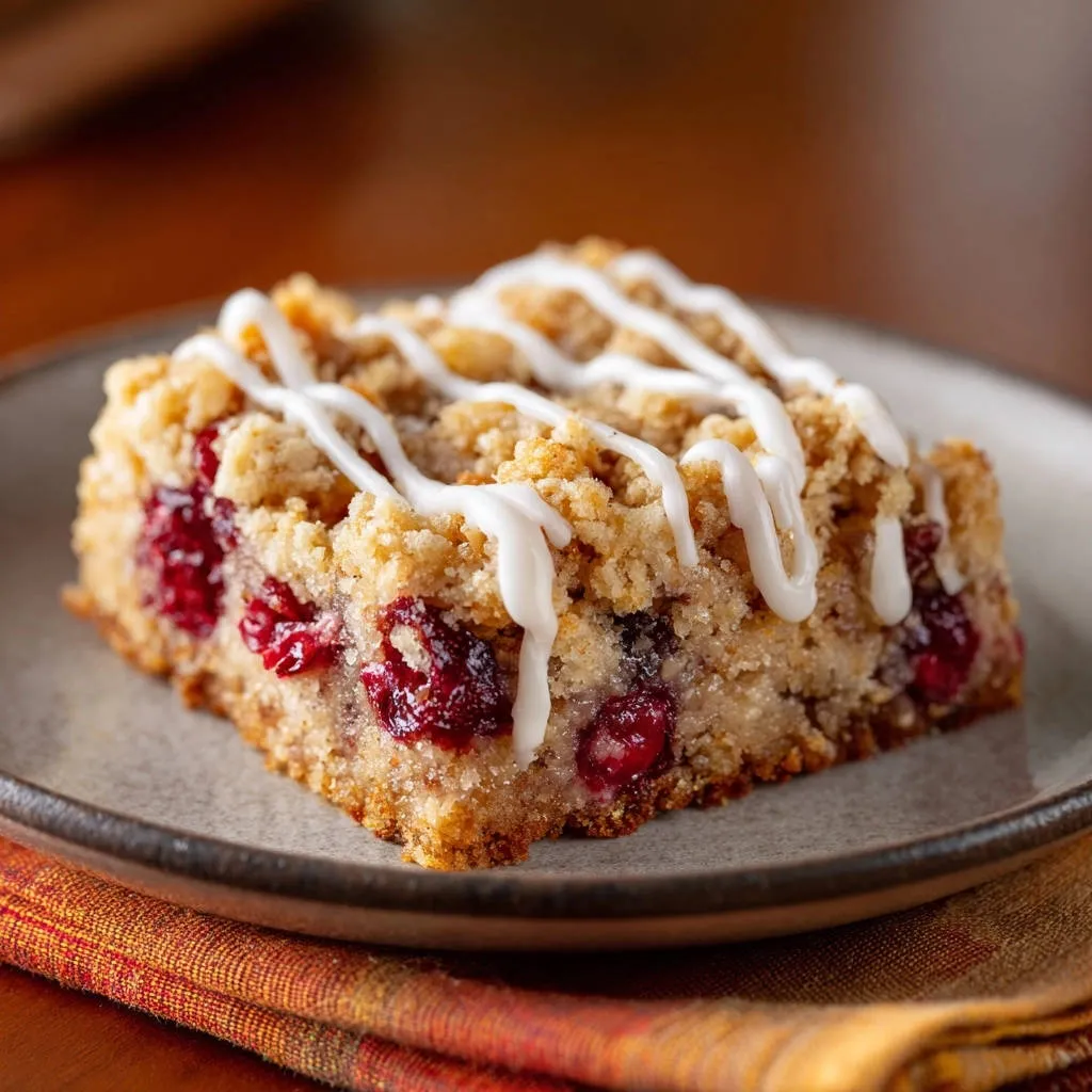 Cranberry crumb bars with a white glaze drizzled over the top, shown in a close-up view.