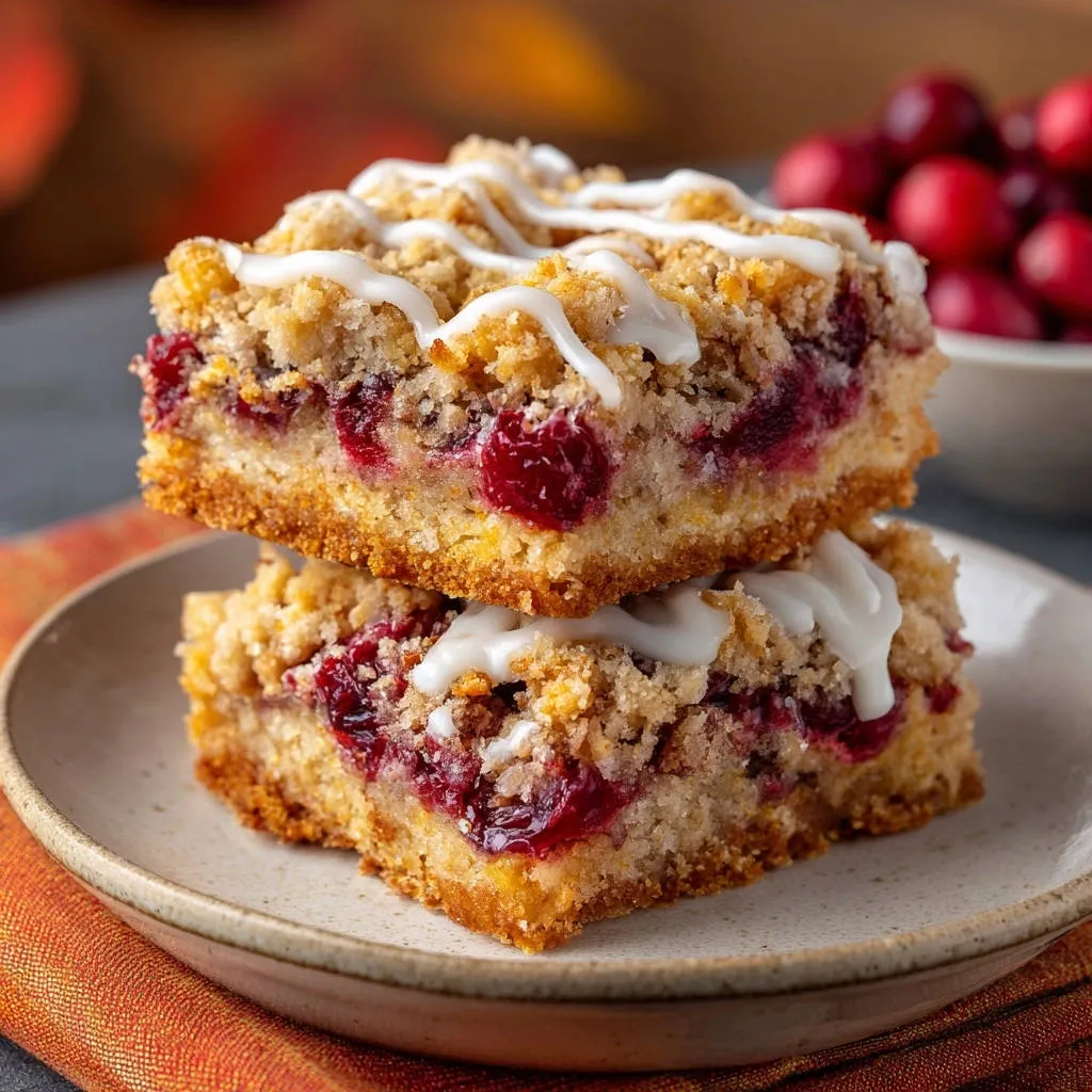 Cranberry crumb bars stacked on a plate, showcasing a close-up view of the tender crumb topping and fruit filling.