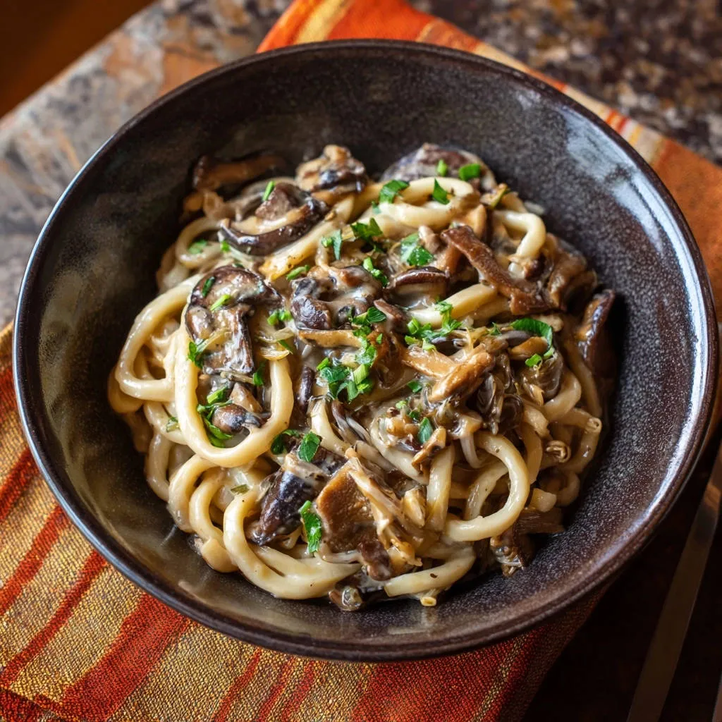 Creamy beef and mushroom udon in a dark bowl, showcasing the thick noodles coated in sauce with visible mushroom slices and parsley garnish.