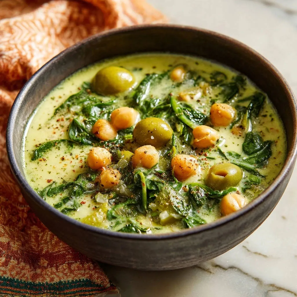 Creamy chickpea and olive stew with vibrant greens, presented in a detailed close-up view within a rustic bowl.