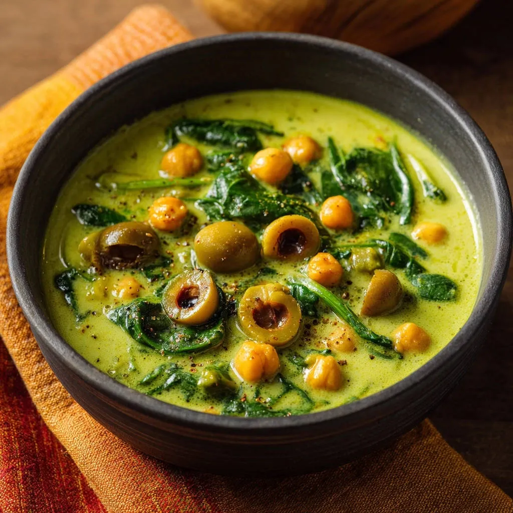 Creamy chickpea and olive stew with vibrant greens, presented in a close-up view of a dark bowl.