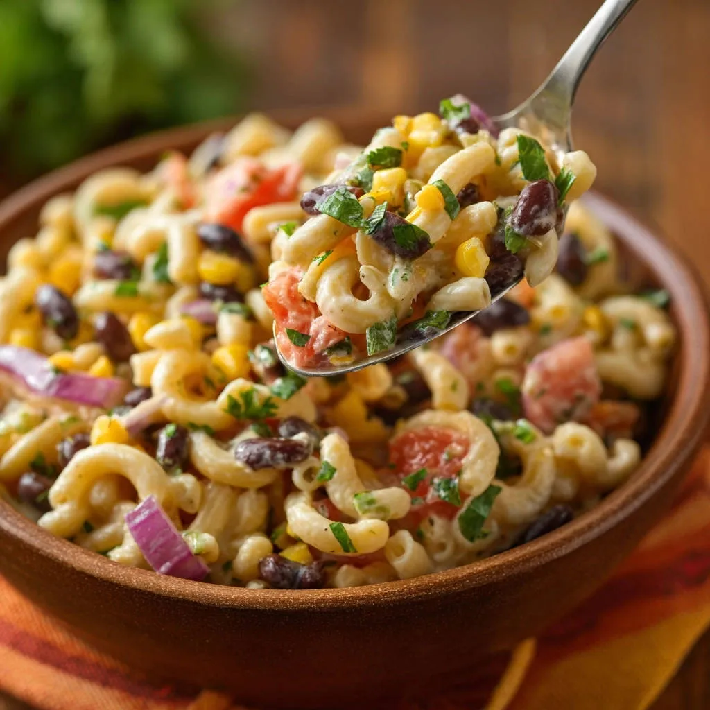 Creamy fiesta pasta salad shown in a spoonful close-up, with macaroni, black beans, corn, and tomatoes.