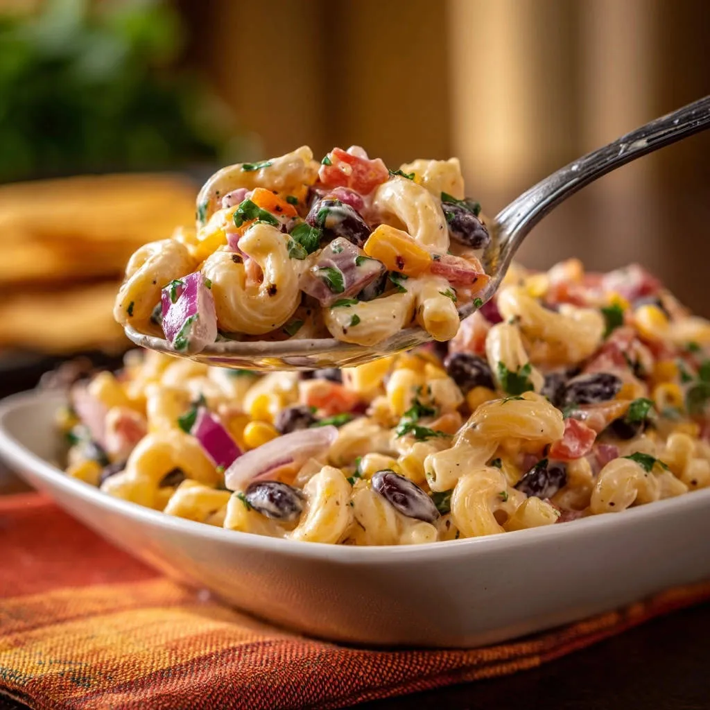 Creamy Fiesta Pasta Salad scooped onto a spoon, showcasing its colorful ingredients and creamy dressing.