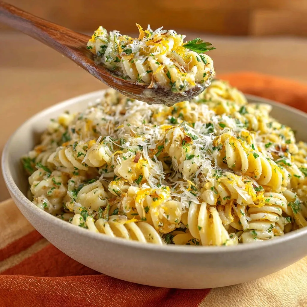 Creamy lemon herb pasta in a bowl, with a wooden spoon scooping a portion, showing the clingy sauce.