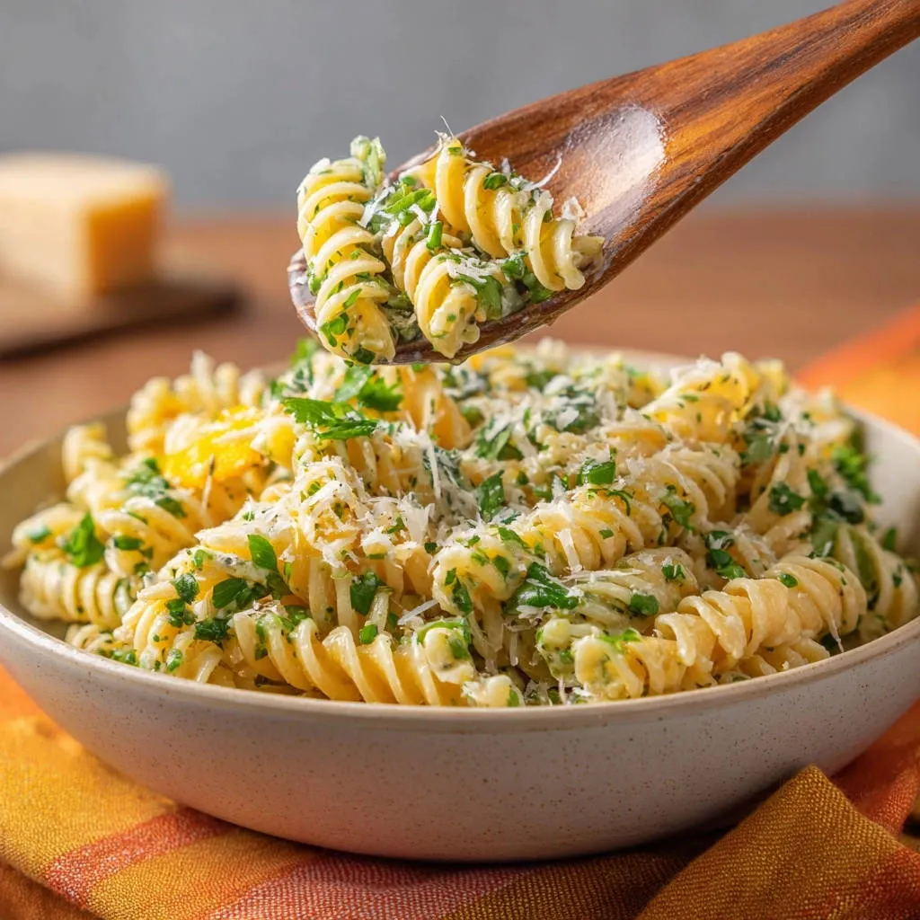 Creamy lemon herb pasta being lifted from a bowl with a wooden spoon, showing the clingy sauce.