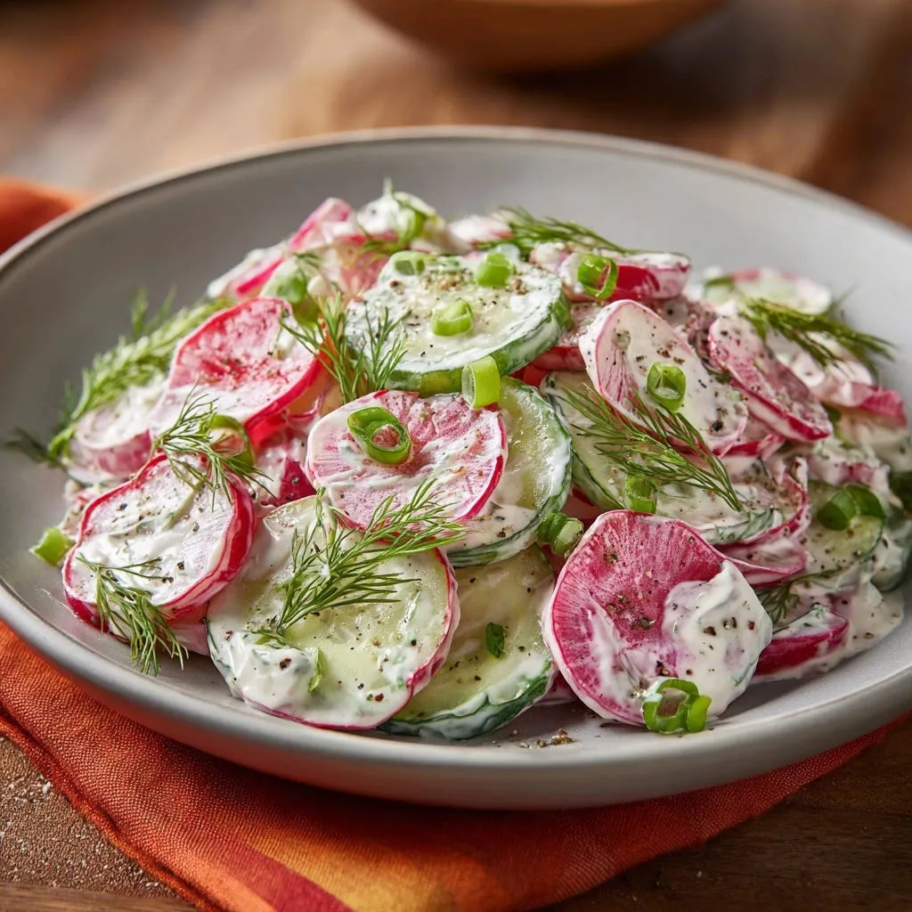 Creamy radish cucumber salad in a bowl, showing sliced radishes, cucumbers, and fresh dill garnish.