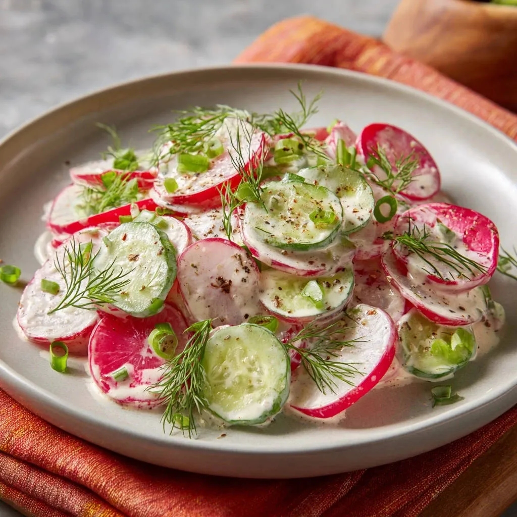 Creamy radish cucumber salad plated close-up, showing sliced radishes, cucumbers, and dill in a creamy dressing.