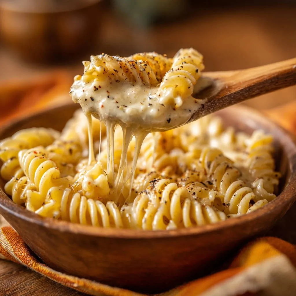 Creamy rotini and cheese shown on a wooden spoon with long, stretchy cheese strands.