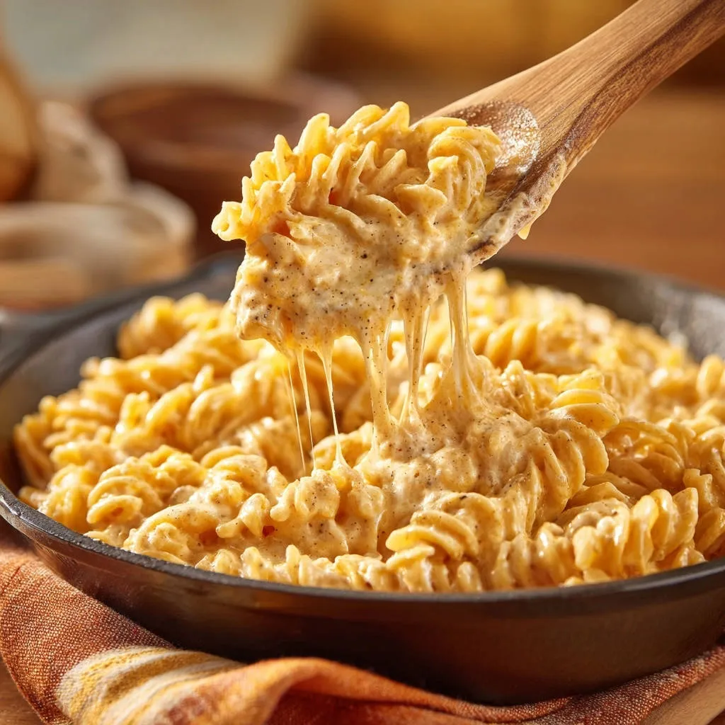 Creamy rotini and cheese with long strands of melted cheese being lifted by a wooden spoon.